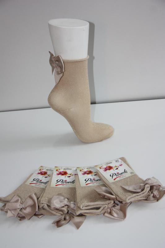 4’Lü Kadın Simli Bej Kurdeleli Soket Çorabı